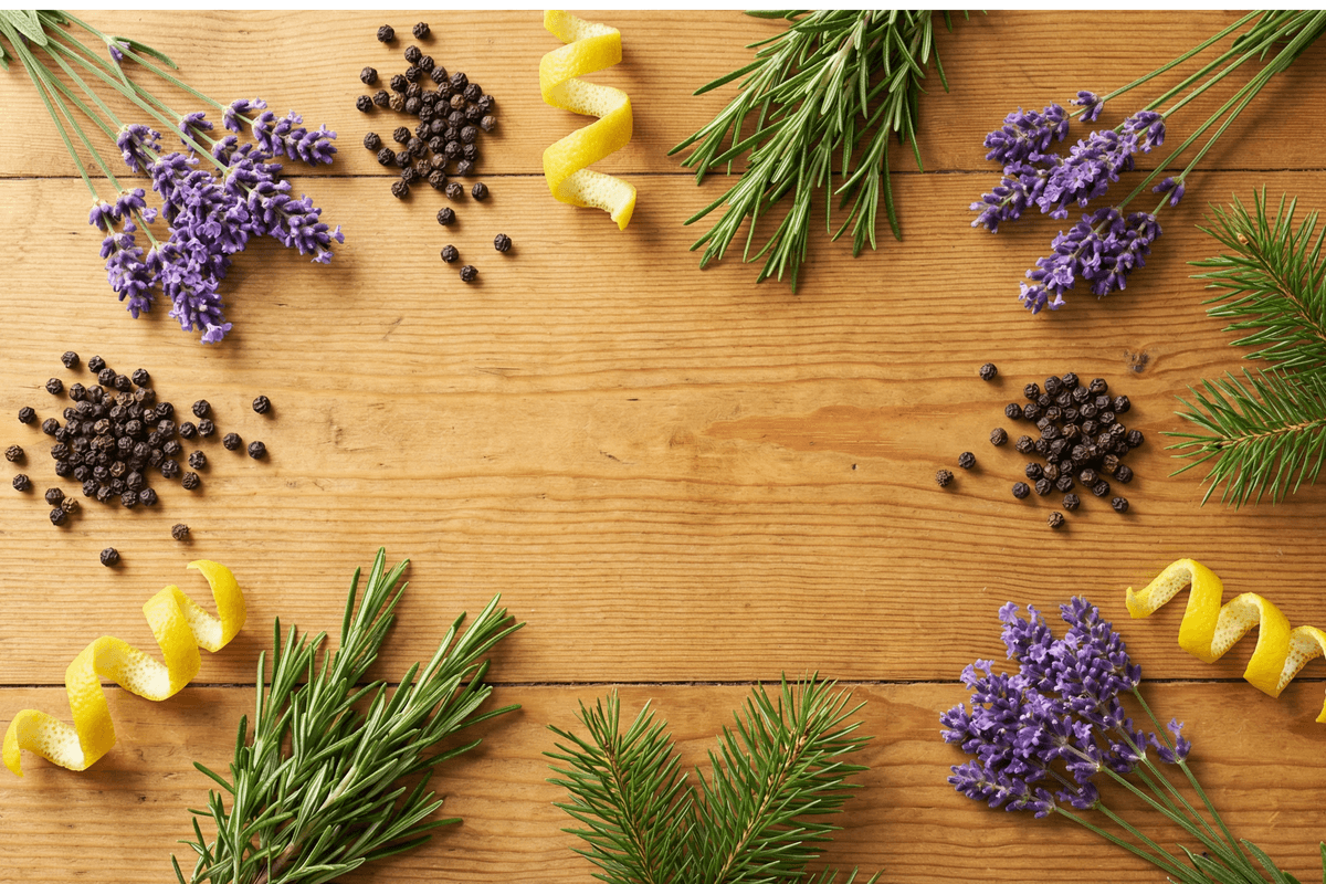 Eine Draufsicht auf Lavendel, Rosmarin, schwarze Pfefferkörner und Zitronenschalen, die auf einer Holzoberfläche angeordnet sind.