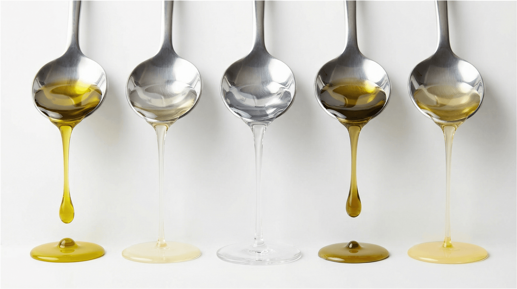 Verschiedene Öl wie Olivenöl, Kokosöl, MCT-Öl und weitere laufen einen Löffel herunter