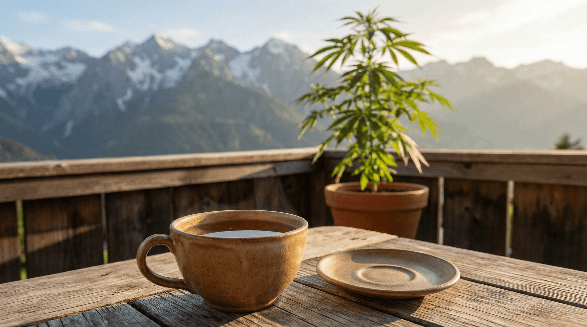 Medizinscher Cannabis-Tee in einer Tasse vor Bergpanorama und einer Cannabispflanze