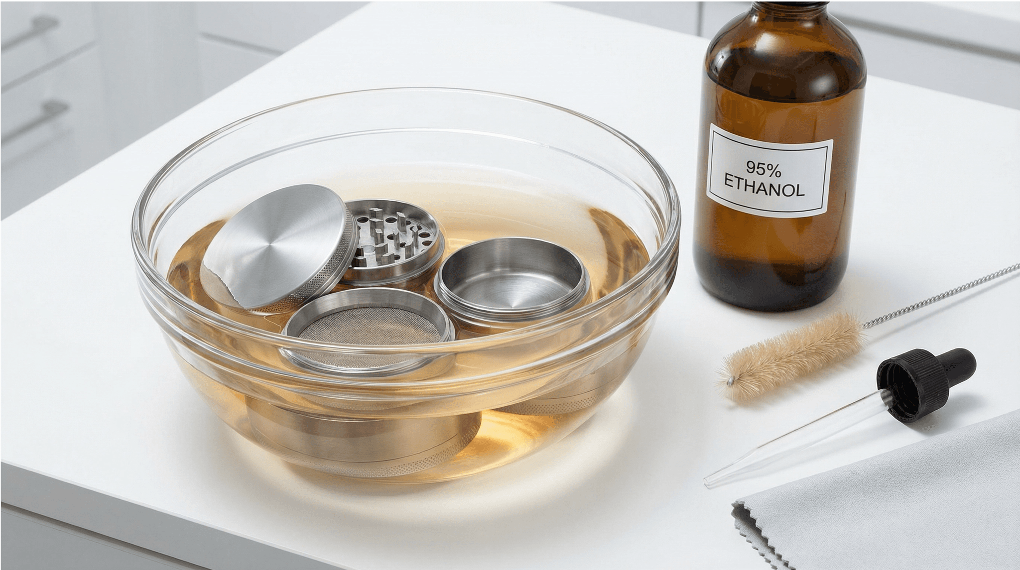 Ein zerlegter Metall-Grinder liegt zur Reinigung in einer Glasschüssel mit 95%igem Ethanol. Daneben liegen eine Bürste und eine Pipette.