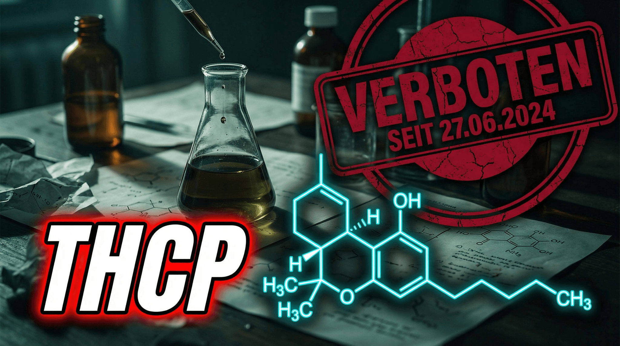 THCP verboten seit 27.06.2024 – roter Verboten-Stempel, Chemiestruktur und Laborkolben