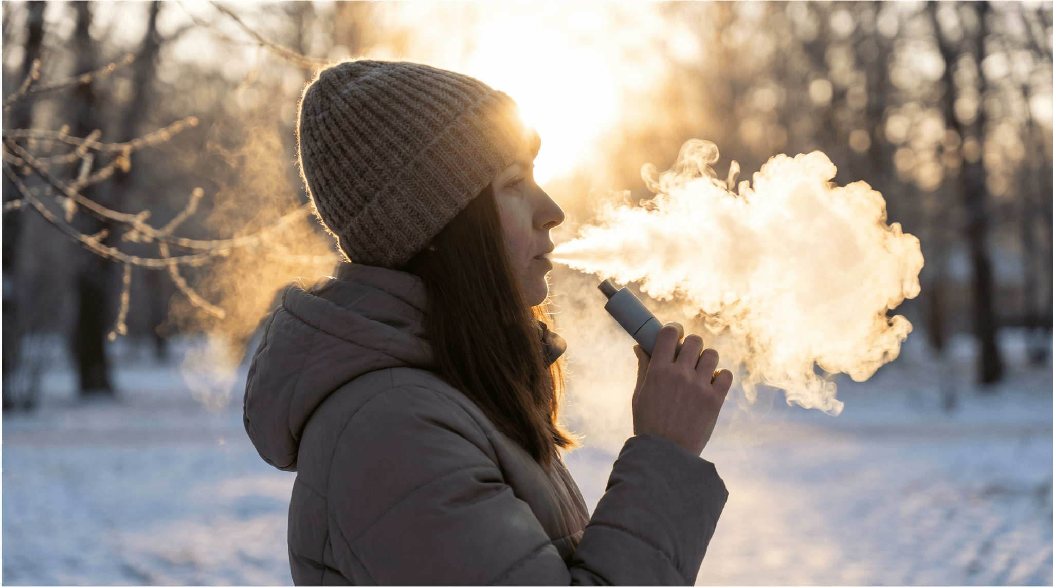 Frau mit Cannabis-Vaporisator und Dampf im Winter