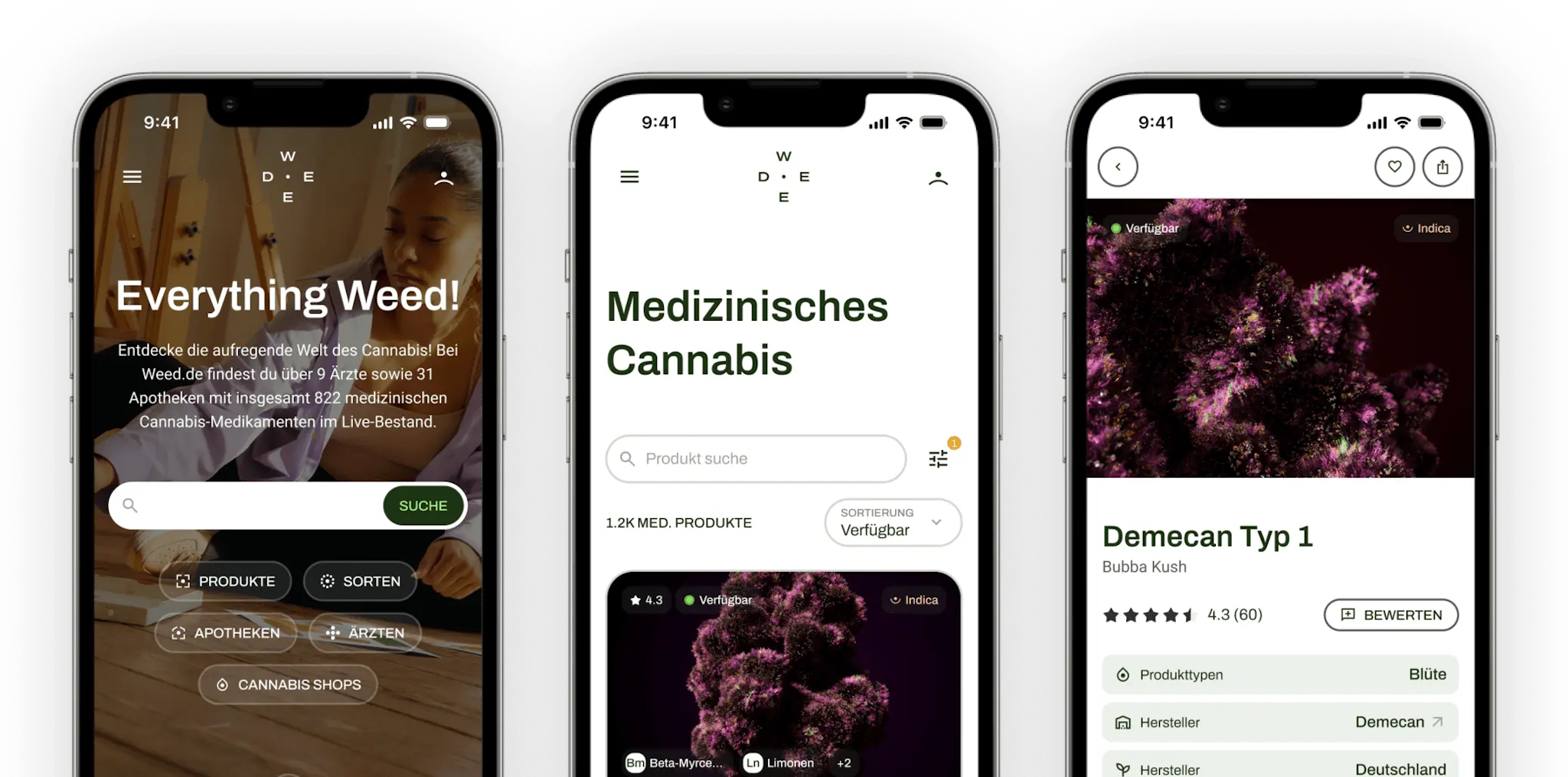 Screenshots der Weed.de-App zur Veranschaulichung der Funktionen