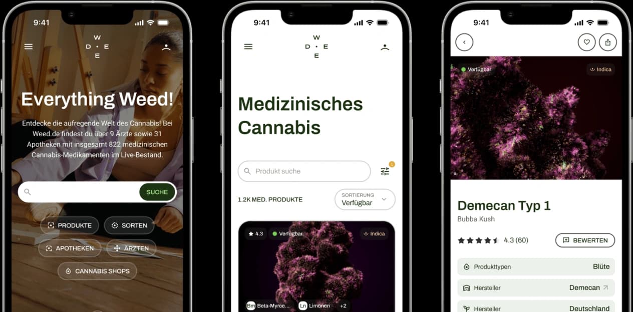 Screenshots der Weed.de-App zur Veranschaulichung der Funktionen