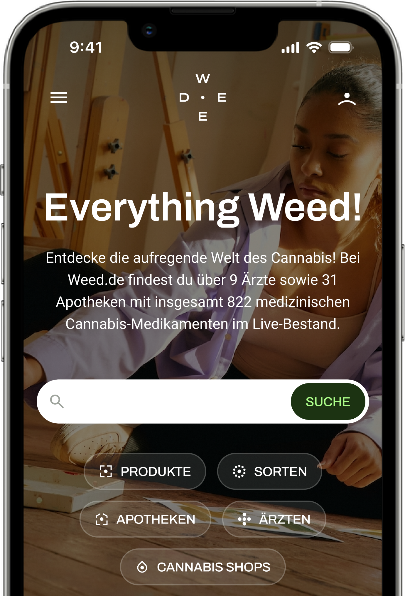 Screenshots der Weed.de-App zur Veranschaulichung der Funktionen