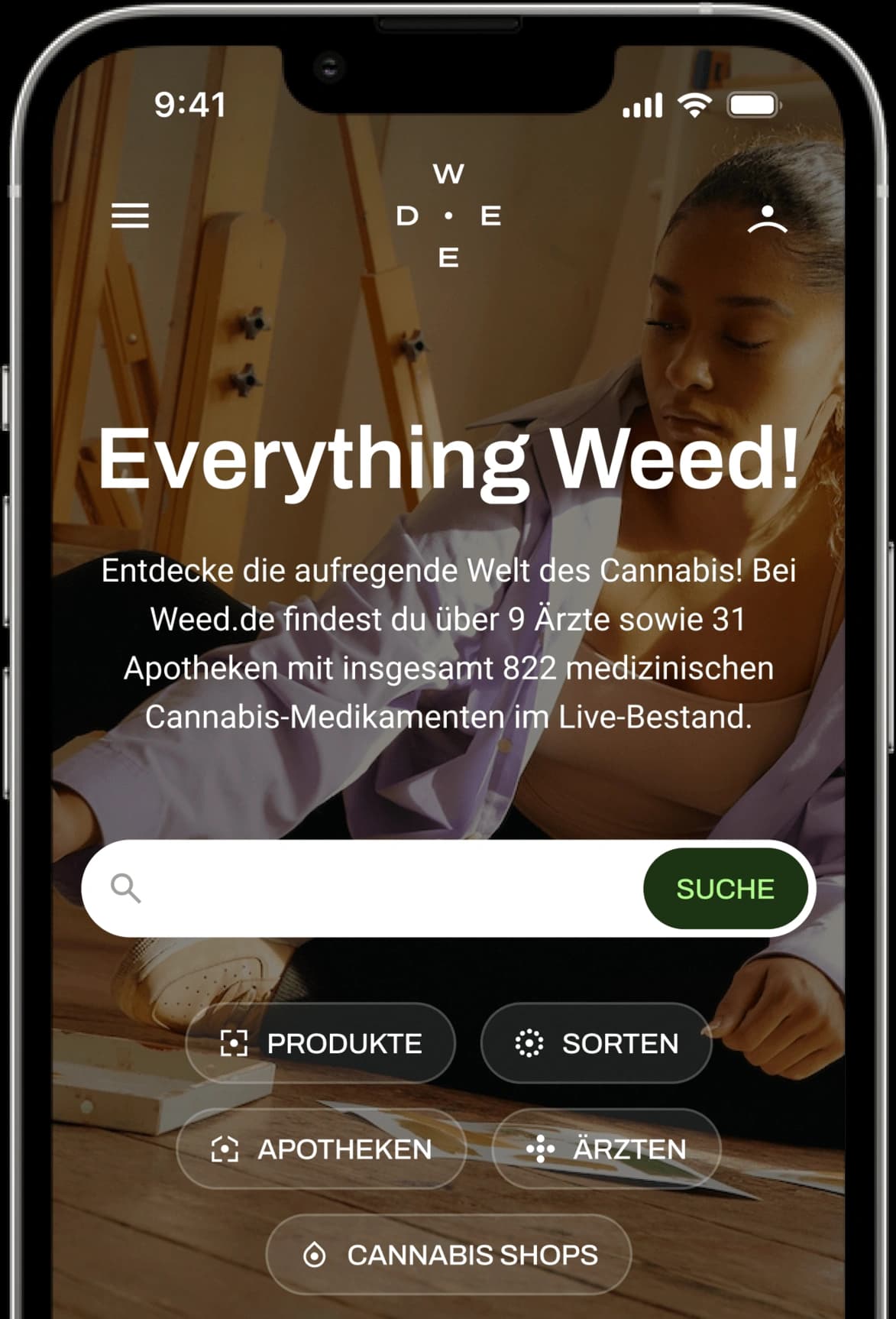 Screenshots der Weed.de-App zur Veranschaulichung der Funktionen