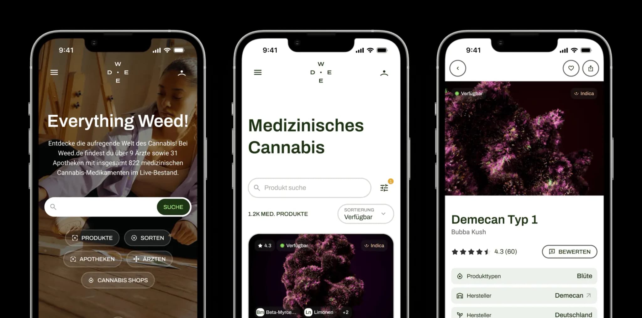Screenshots der Weed.de-App zur Veranschaulichung der Funktionen
