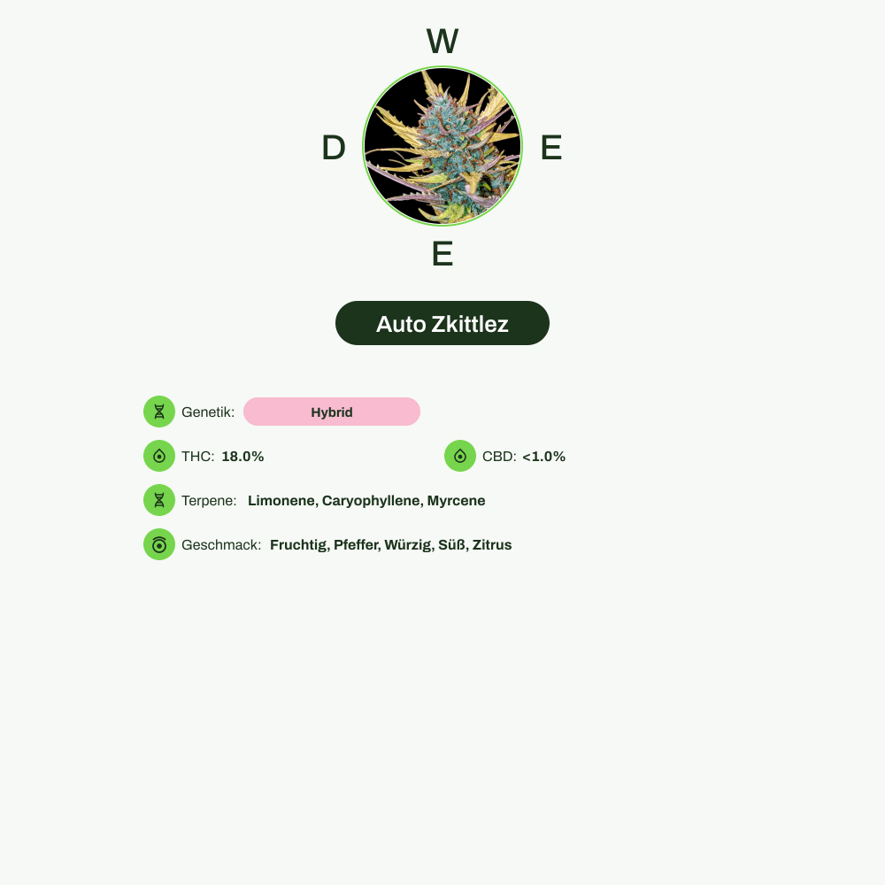 Infografik über THC-Gehalt, CBD-Gehalt, Terpene, Wirkungen, Geschmack von Auto Zkittlez