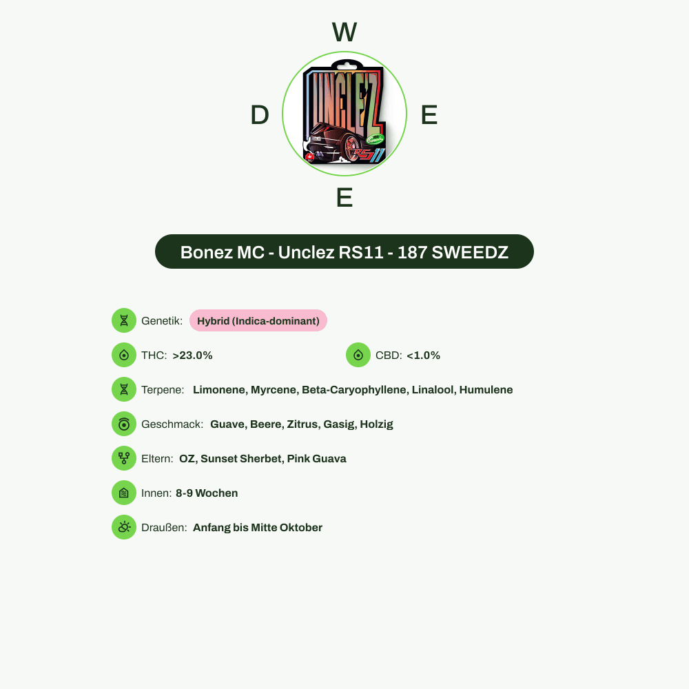 Infografik über THC-Gehalt, CBD-Gehalt, Terpene, Wirkungen, Geschmack von Bonez MC - Unclez RS11 - 187 SWEEDZ
