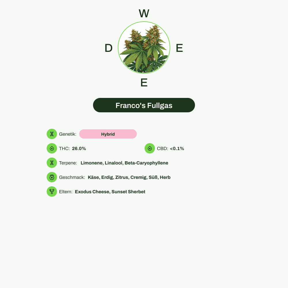 Infografik über THC-Gehalt, CBD-Gehalt, Terpene, Wirkungen, Geschmack von Franco's Fullgas