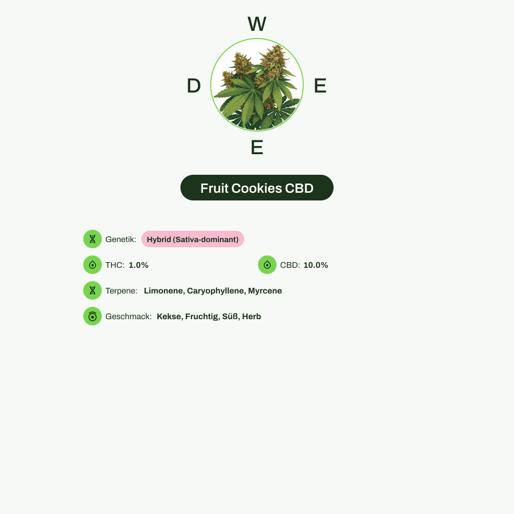 Infografik über THC-Gehalt, CBD-Gehalt, Terpene, Wirkungen, Geschmack von Fruit Cookies CBD