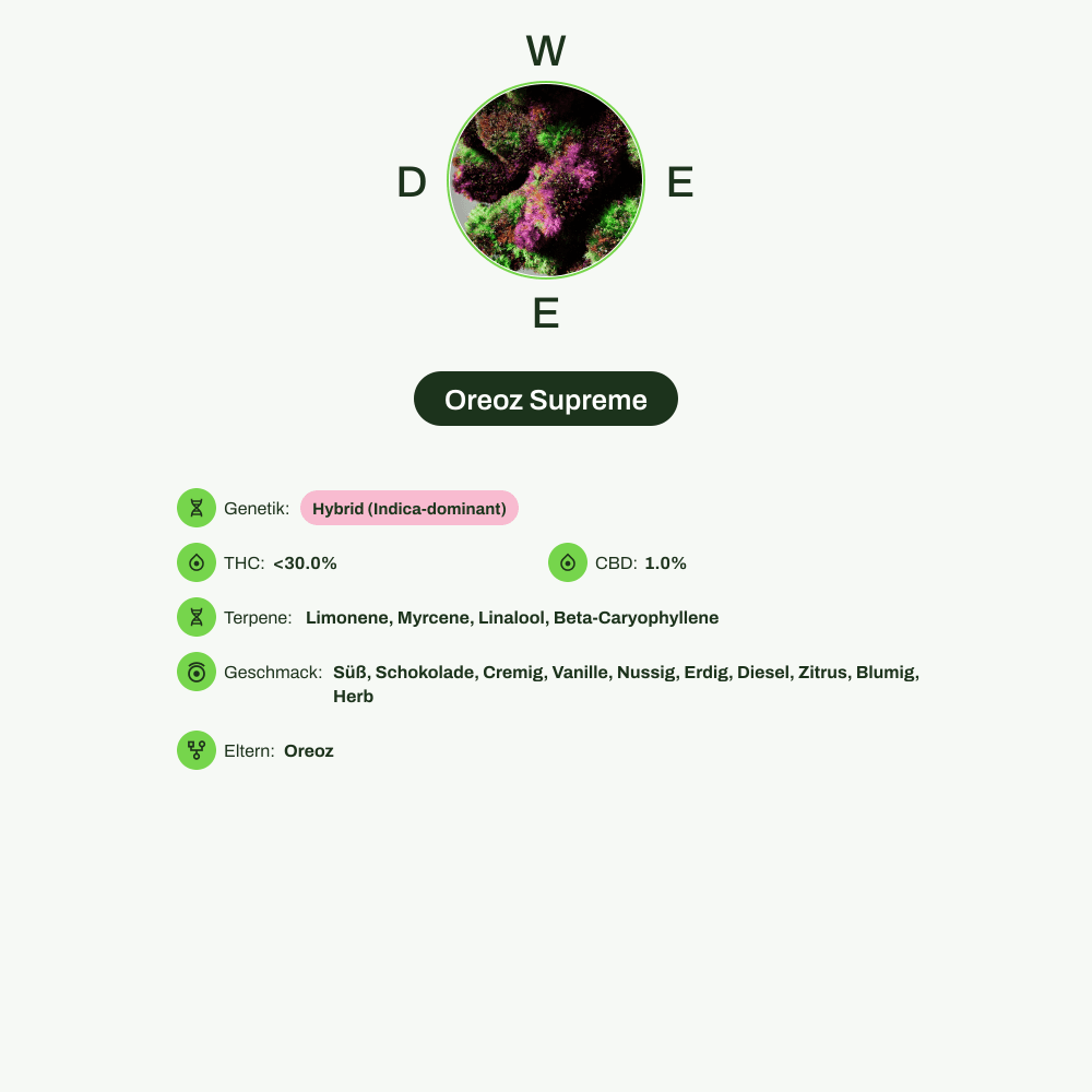 Infografik über THC-Gehalt, CBD-Gehalt, Terpene, Wirkungen, Geschmack von Oreoz Supreme
