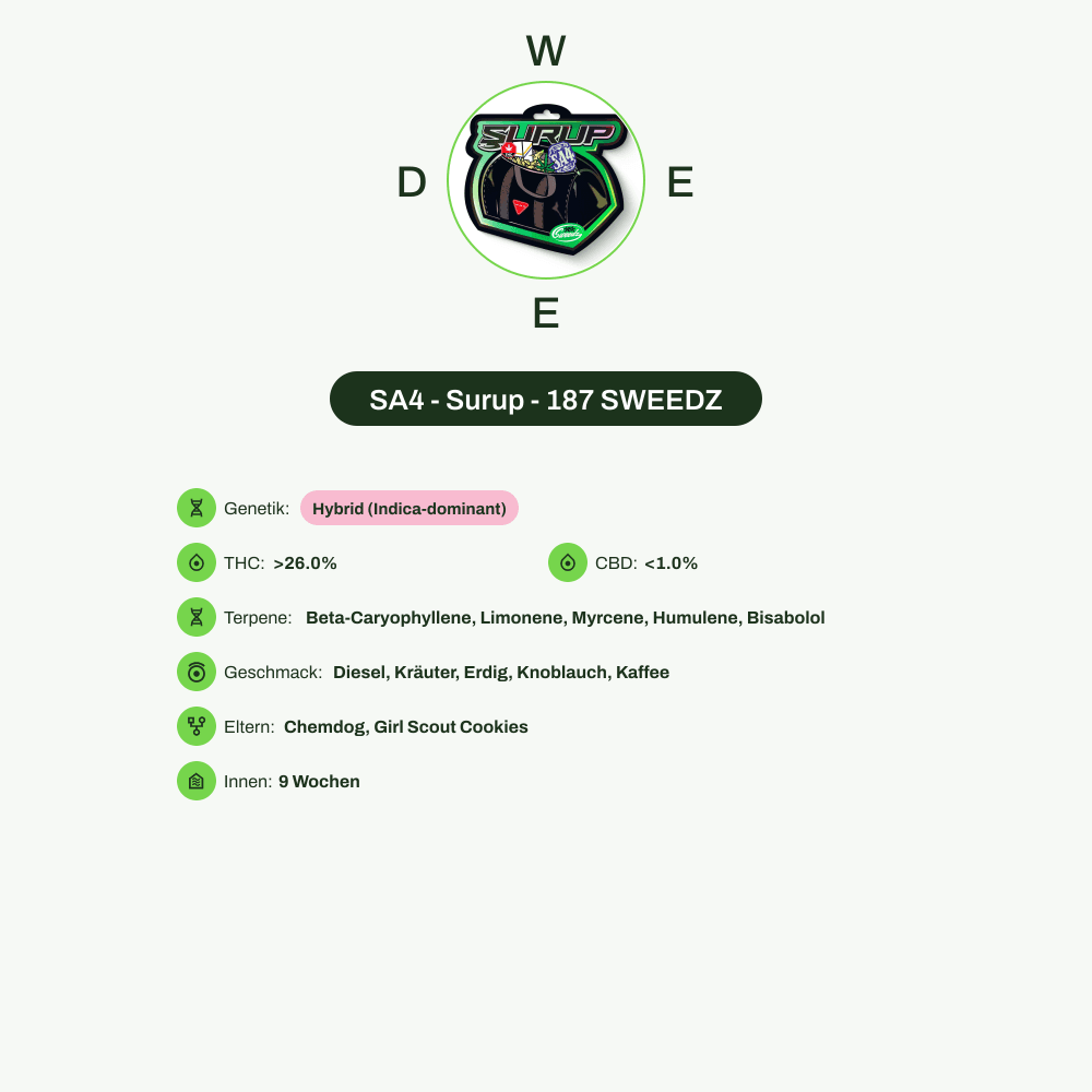 Infografik über THC-Gehalt, CBD-Gehalt, Terpene, Wirkungen, Geschmack von SA4 - Surup - 187 SWEEDZ