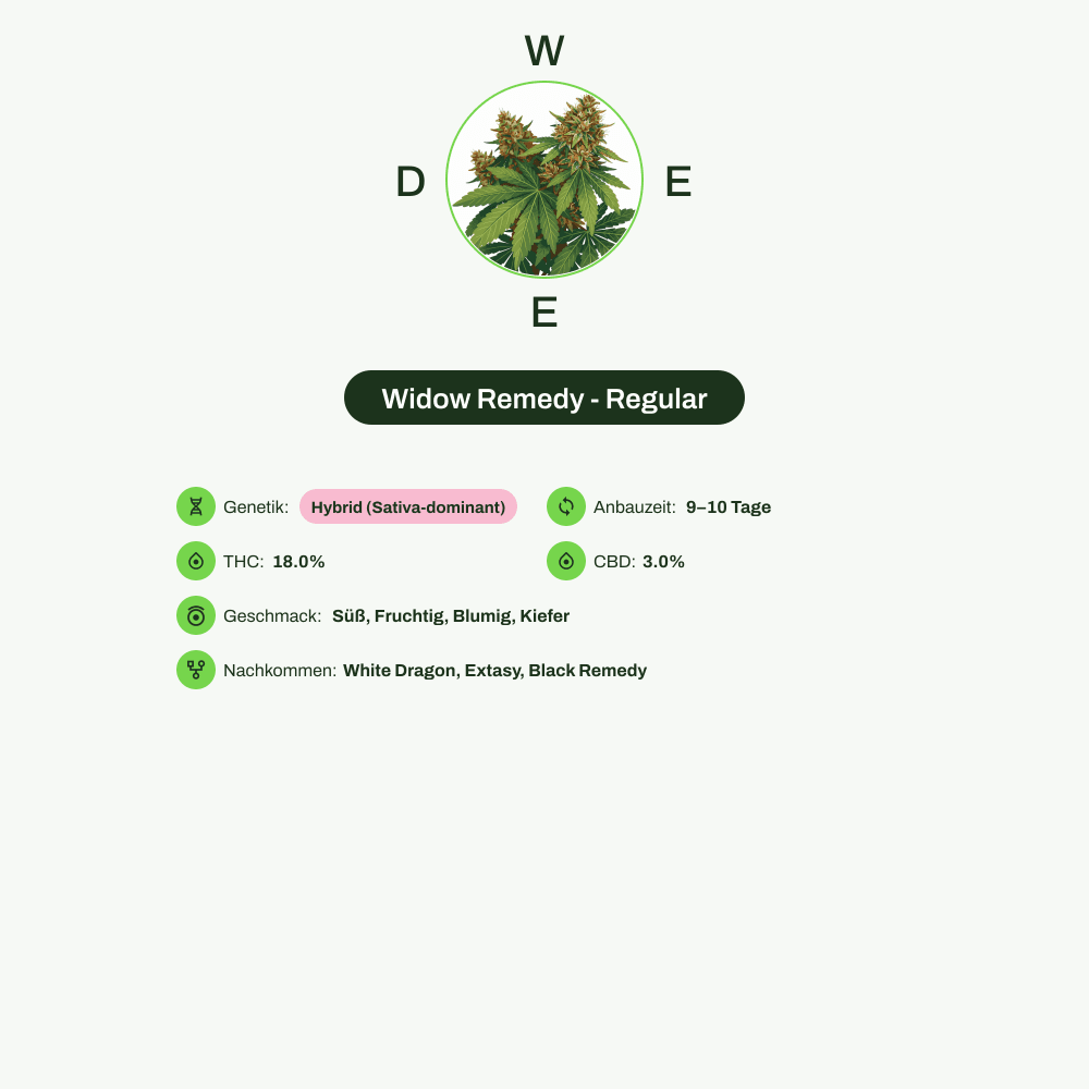 Infografik über THC-Gehalt, CBD-Gehalt, Wirkungen, Geschmack von Widow Remedy - Regular