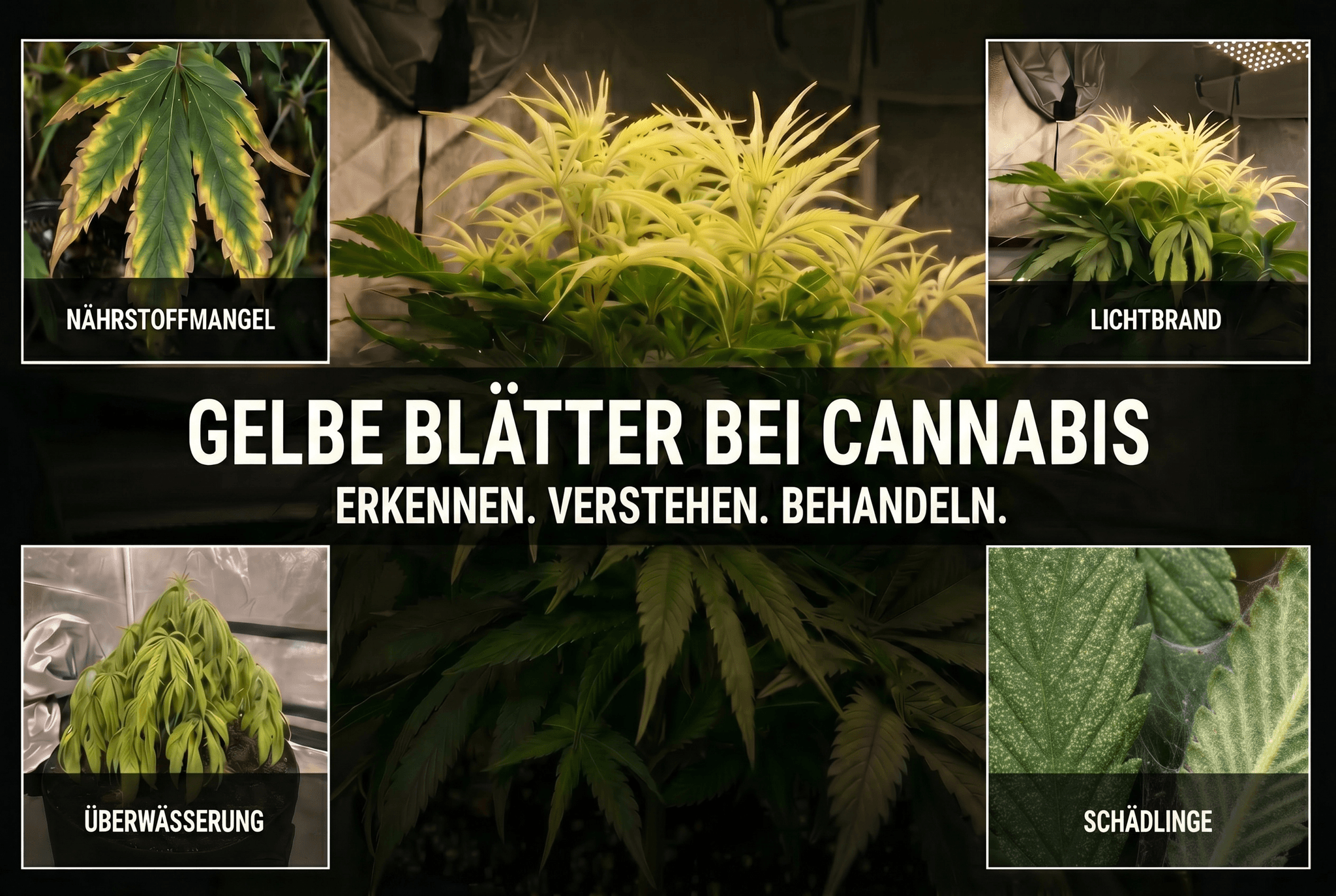 Fotos von gelb verfärbten Cannabisblättern durch Nährstoffmangel, Lichtbrand, Überwässerung oder Schädlinge