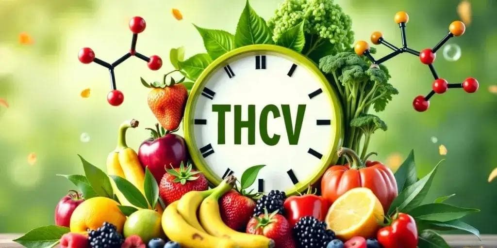Uhr mit THCV-Aufschrift, umgeben von Früchten, Gemüse und Molekülmodellen
