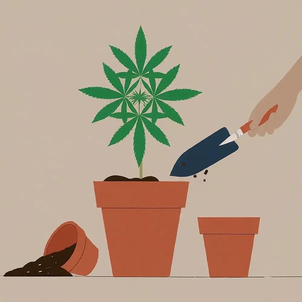 Cannabispflanze im Topf, Hand schaufelt Erde