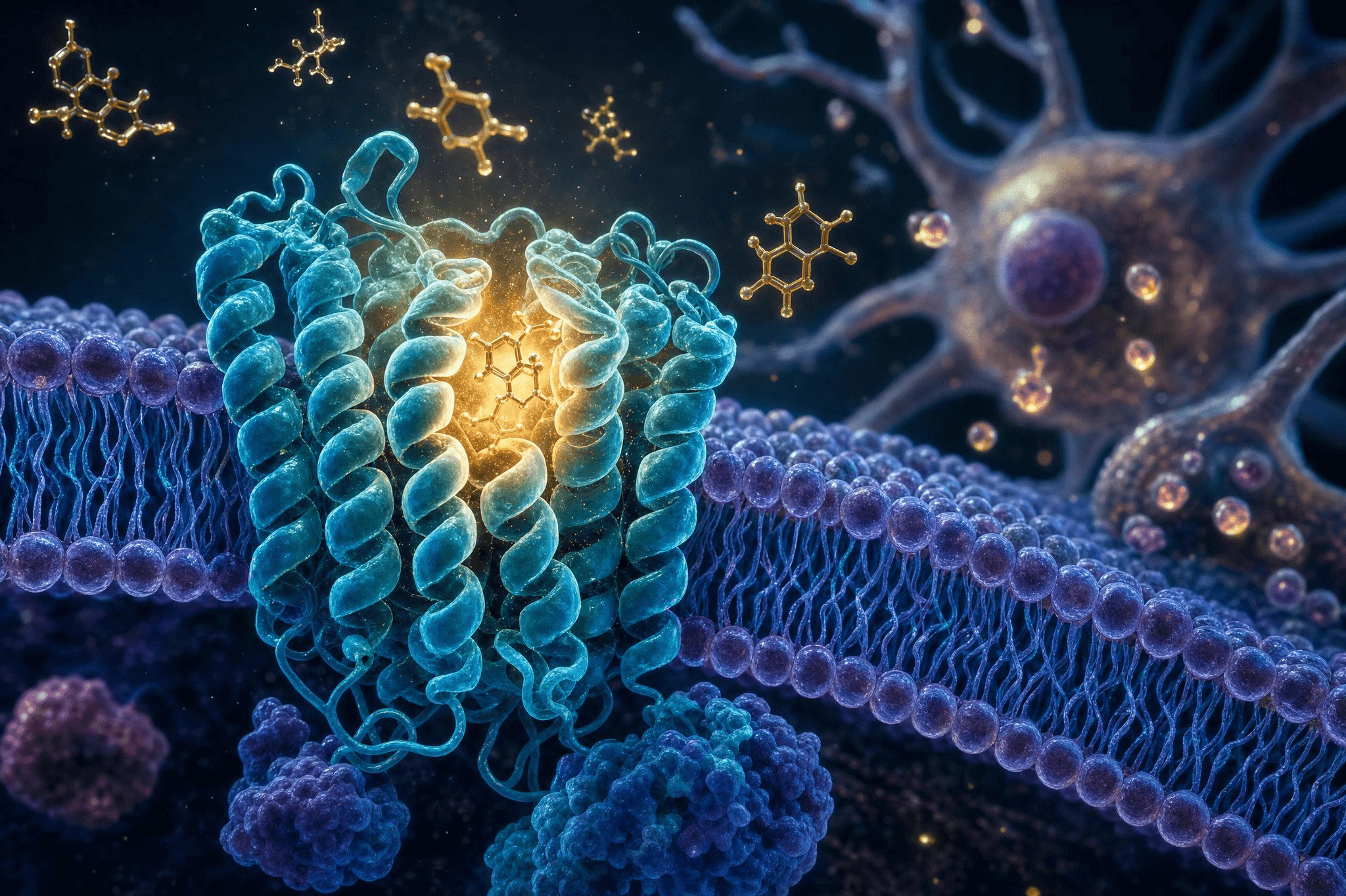 3D-Illustration eines CB1-Cannabinoid-Rezeptors in der Zellmembran eines Neurons mit schematischer Darstellung von THC