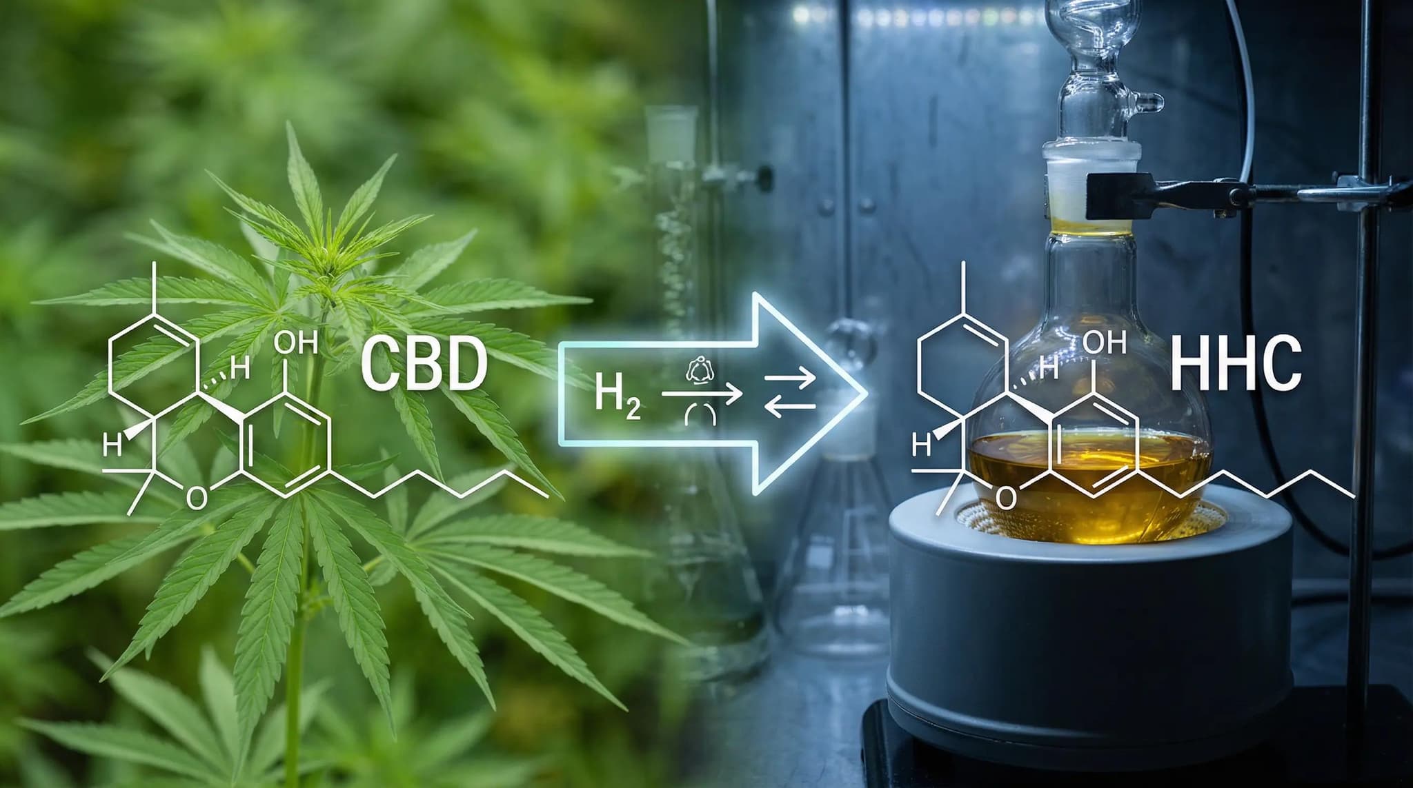 Schematische Darstellung der HHC-Herstellung: CBD-Strukturformel vor Cannabispflanze wird durch Hydrogenierung (H₂, Katalysator) in die HHC-Strukturformel umgewandelt – im Hintergrund ein Laborkolben mit gelbem Destillat.