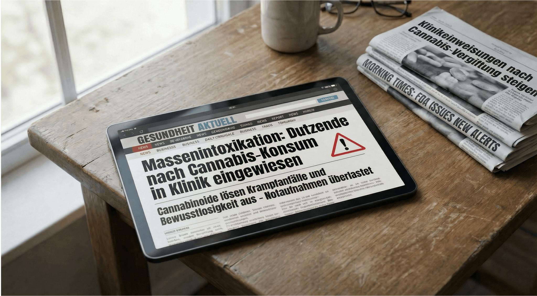Tablet und Zeitungen auf einem Holztisch mit reißerischen Schlagzeilen über Klinikeinweisungen nach Cannabis-Konsum – symbolisch für irreführende Medienberichterstattung zu Cannabinoiden