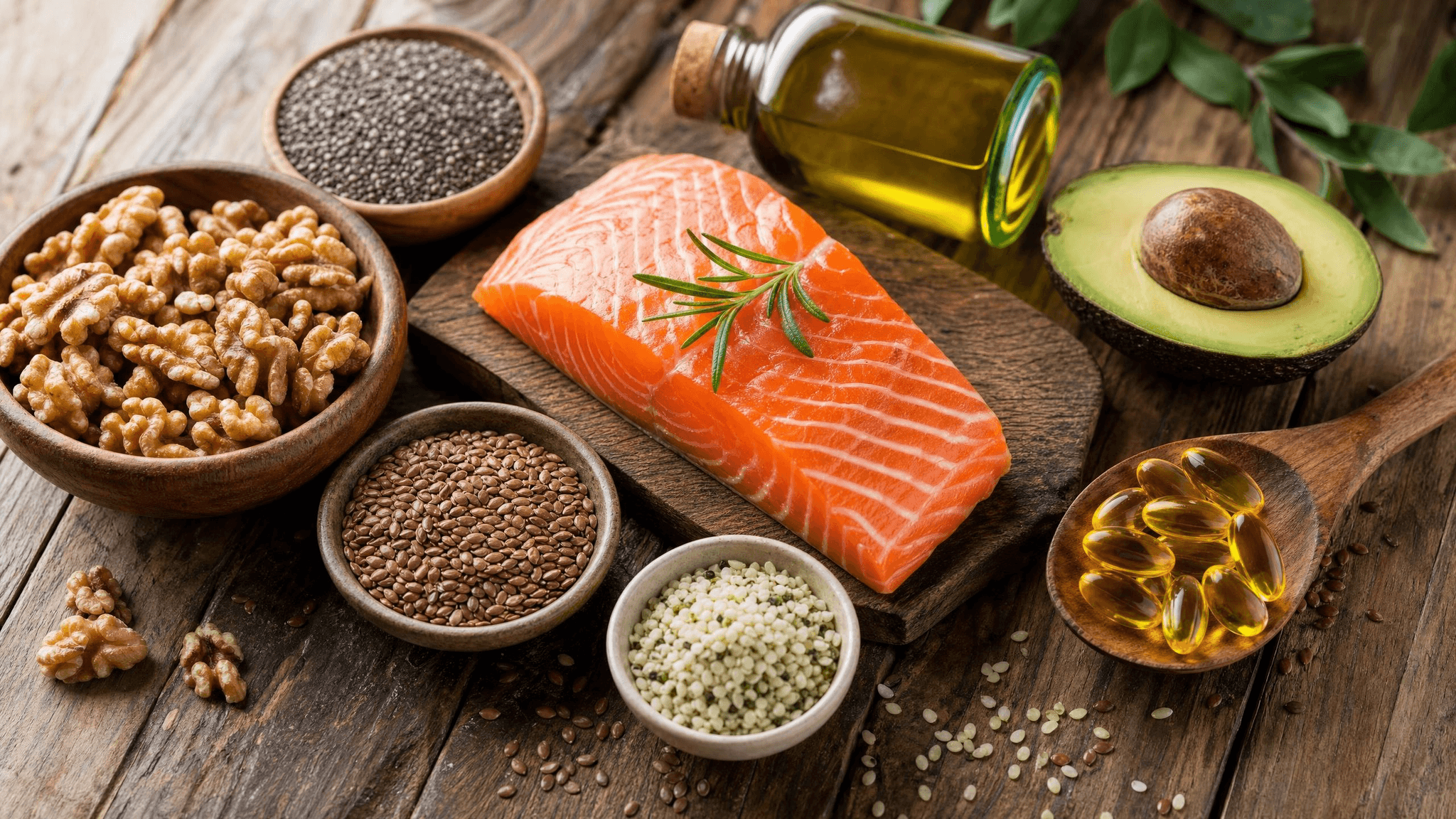Verschiedene omega-3-reiche Lebensmittel auf einem Holztisch – darunter Lachs, Walnüsse, Chiasamen, Leinsamen, Hanfsamen, Avocado, Olivenöl und Fischöl-Kapseln – als natürliche Grundlage zur Unterstützung des Endocannabinoid-Systems über die Ernährung.