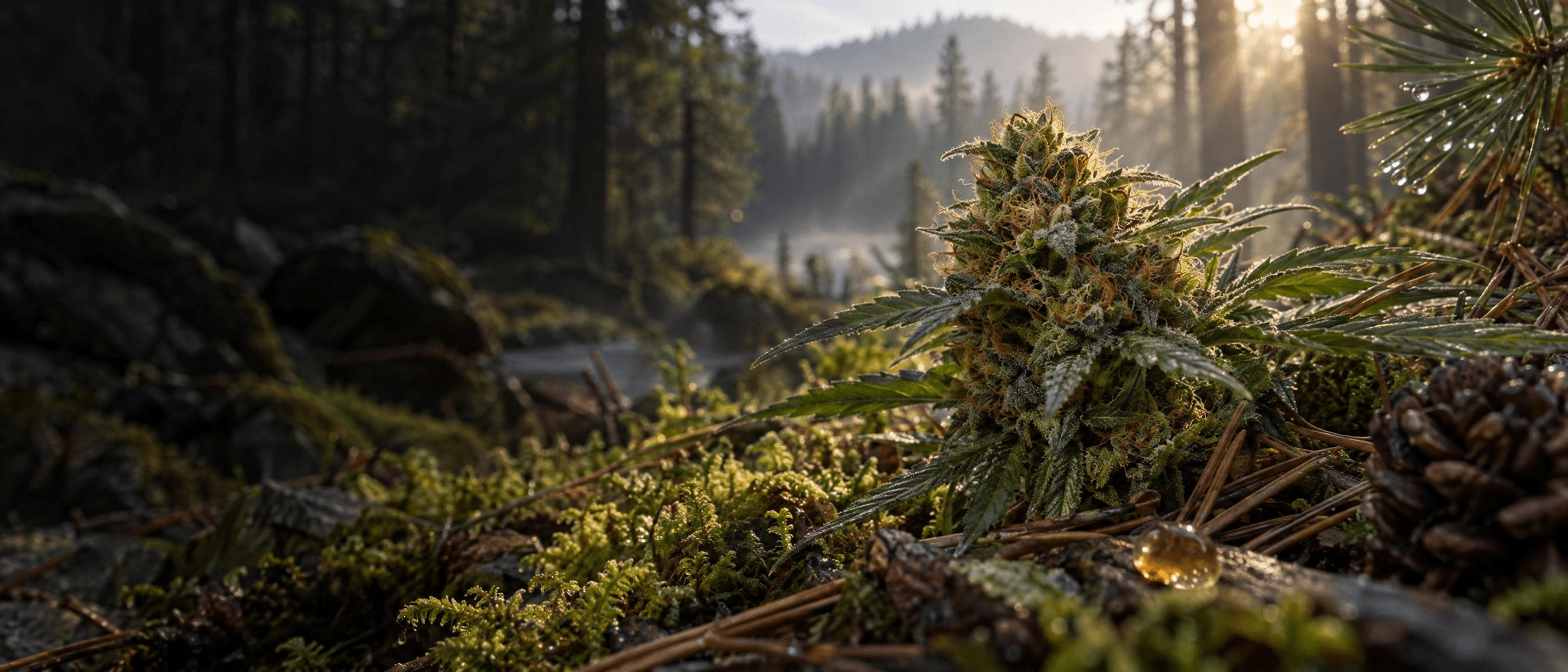 Reife Cannabisblüte auf moosigem Waldboden, umgeben von Kiefernnadeln und Nadelwald im warmen Morgenlicht.