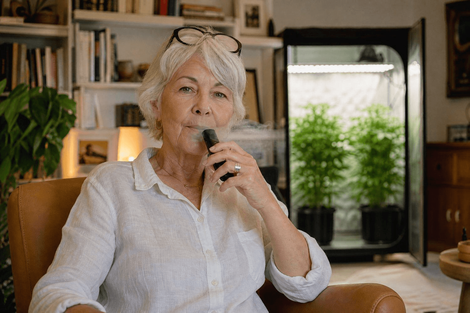 Ältere Frau mit weißen Haaren sitzt entspannt in einem Sessel im Wohnzimmer und inhaliert aus einem Cannabis-Vaporizer, im Hintergrund eine offene Growbox mit zwei blühenden Cannabispflanzen unter LED-Beleuchtung