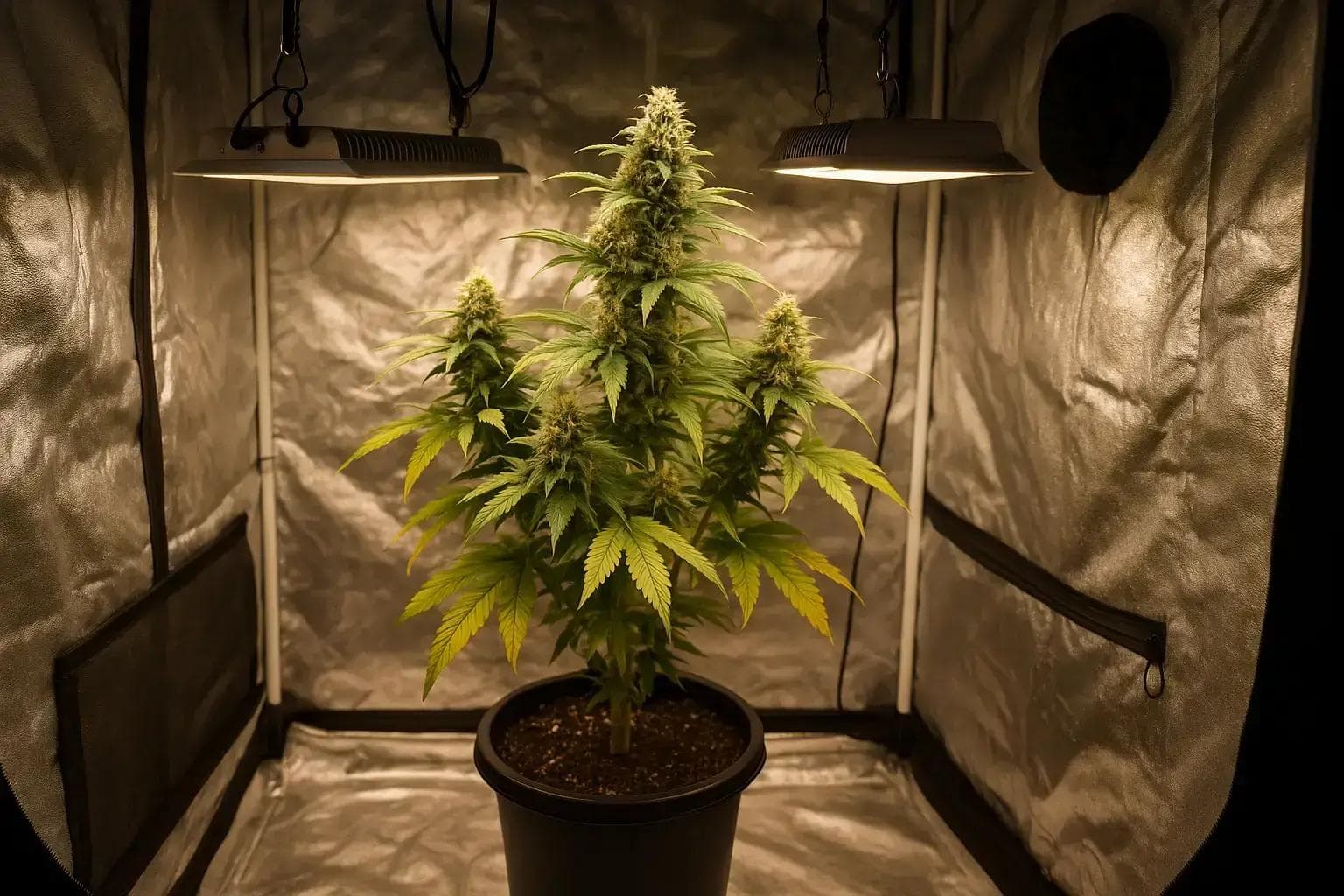 Blühende Cannabispflanze im Topf unter LED-Lampen im Growzelt