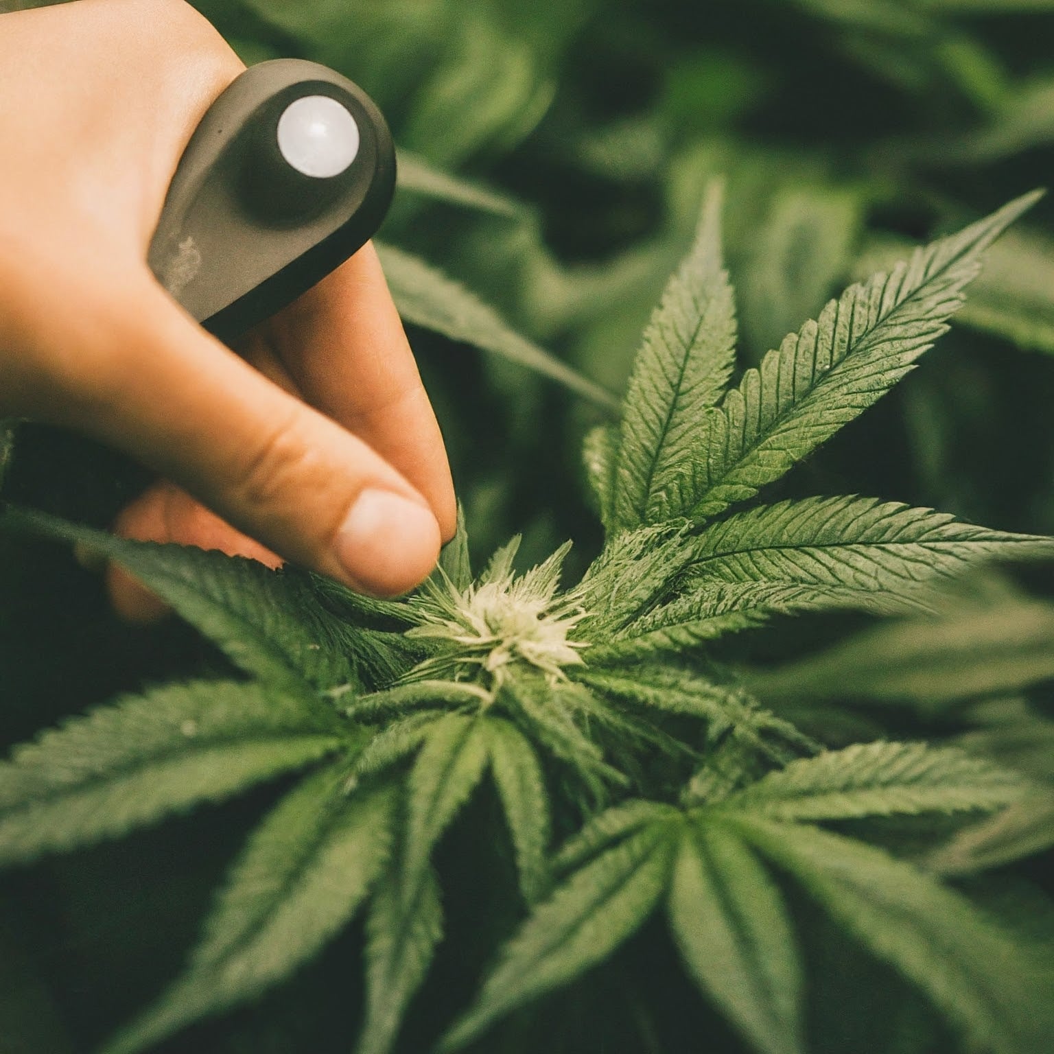 Hand mit Lupe inspiziert blühende Cannabisknospe