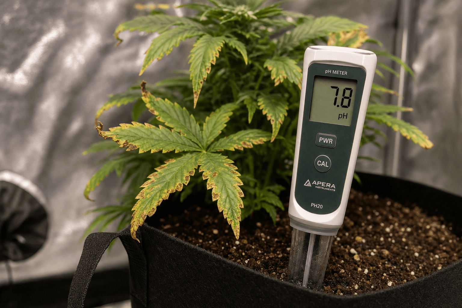 Der pH-Wert im Substrat liegt bei 7,8 und damit deutlich zu hoch für Erde. Im Hintergrund sichtbar: braune Flecken und Randnekrosen als Folge der blockierten Nährstoffaufnahme.