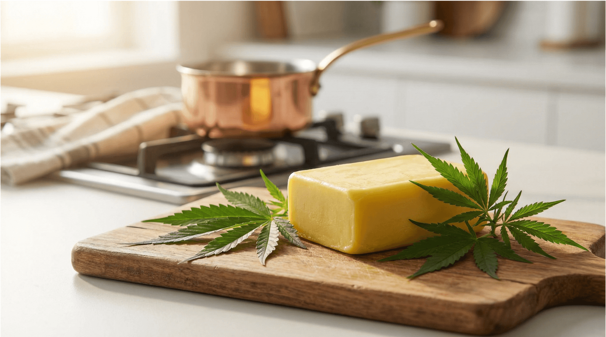 Butter mit Cannabis-Blättern auf Holzbrett