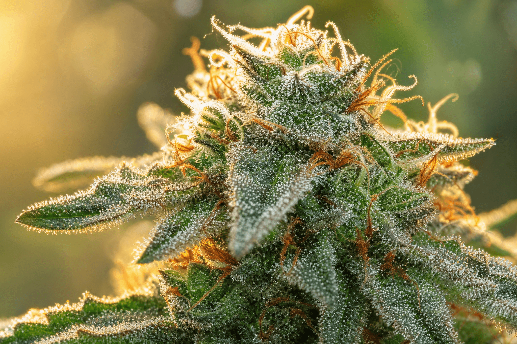 Nahaufnahme einer reifen Cannabisblüte mit dichtem Trichom-Belag im warmen Gegenlicht, Symbolbild für Cannabisblüten in der GKV-Erstattung