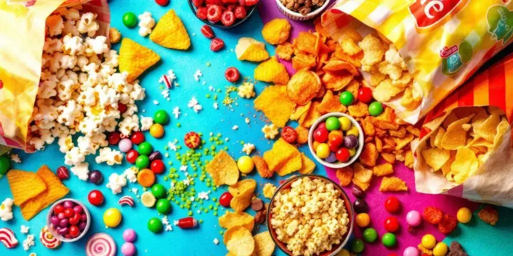 Popcorn, Chips, bunte Bonbons und Cracker auf blau-rosa Tisch