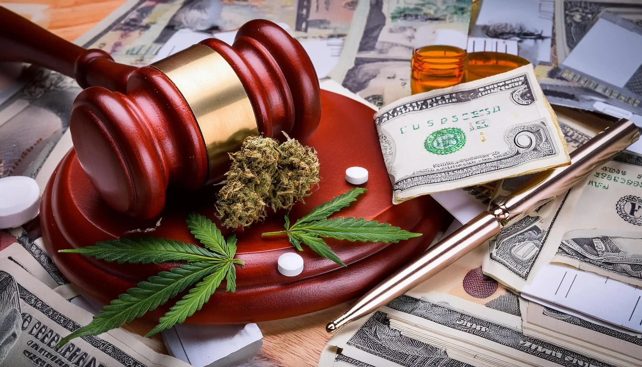 Richterhammer auf Geldscheinen neben Cannabisblüte, Blättern und Tabletten