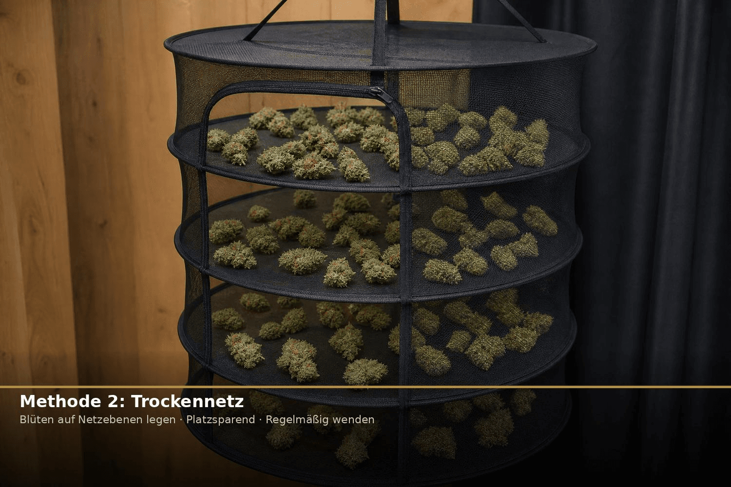 Rundes mehrstufiges Trockennetz mit Cannabis-Blüten auf mehreren Ebenen – platzsparende Methode für kleine bis mittlere Ernten.