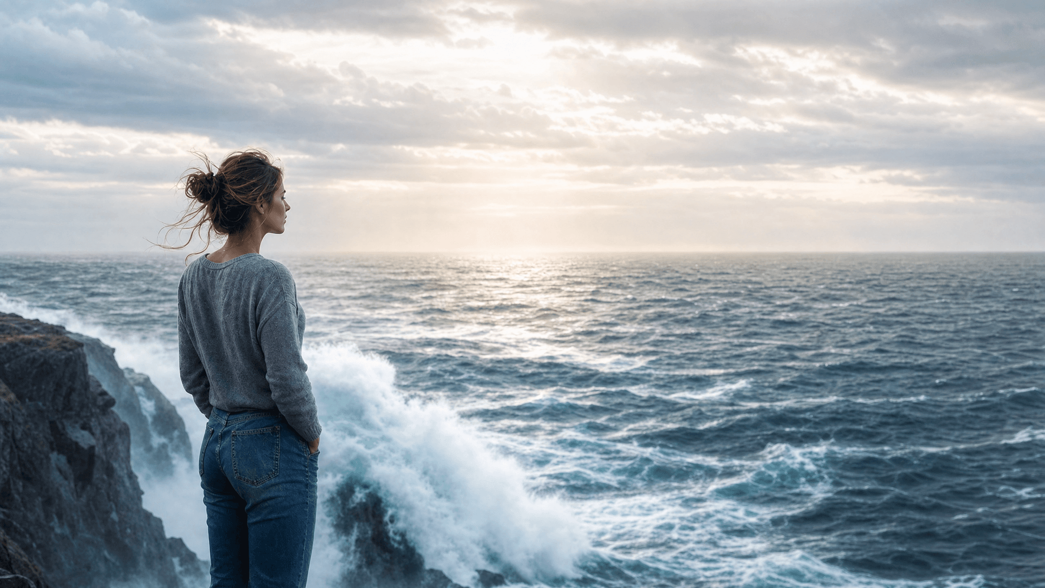 Eine junge Frau sieht auf ein stürmisches Meer, die Sonne bricht durch