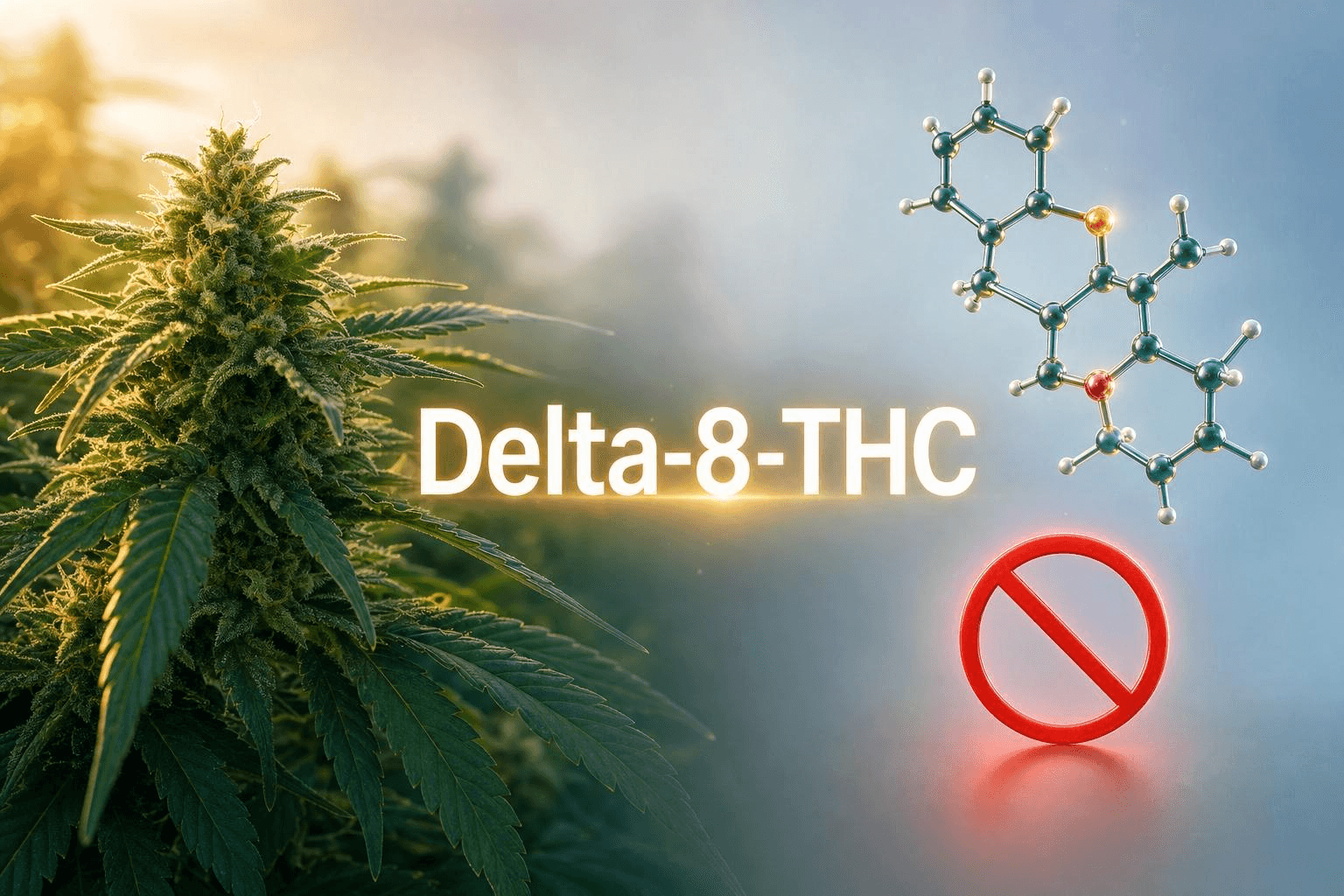 Bild einer weiblichen Cannabispflanze und von einem Delta-8-THC Molekül