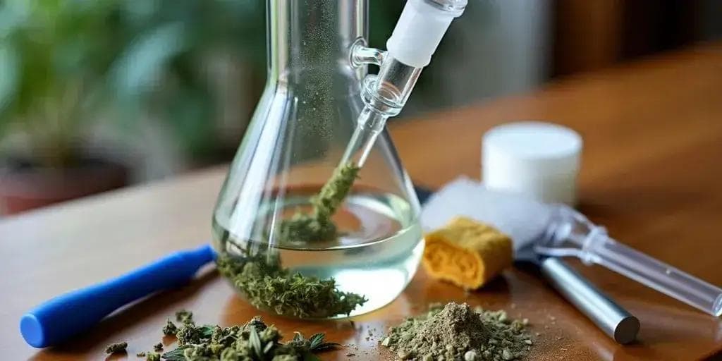 Glaskolben mit Cannabisblüten in Öl, dazu Haschkonzentrat und Werkzeuge