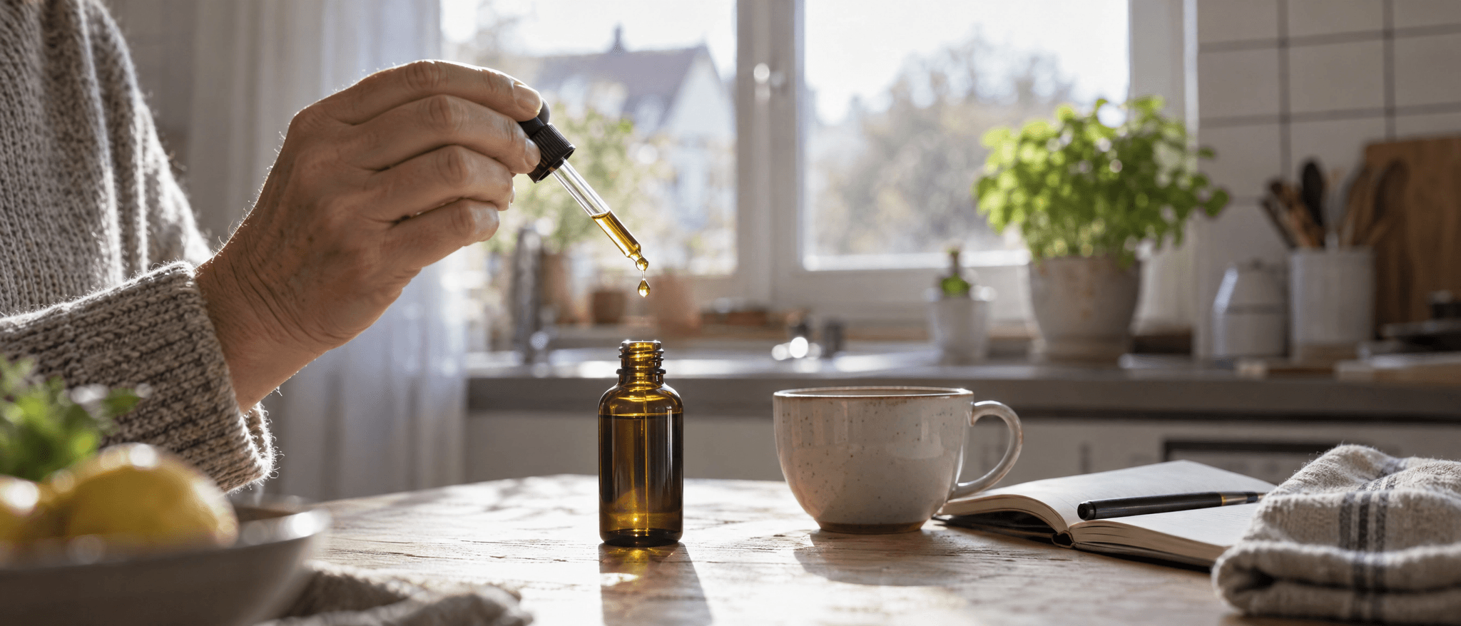 Hand hält eine Pipette über eine Braunglasflasche mit Öl; im Hintergrund eine helle Küche mit Kaffeetasse und Notizbuch.