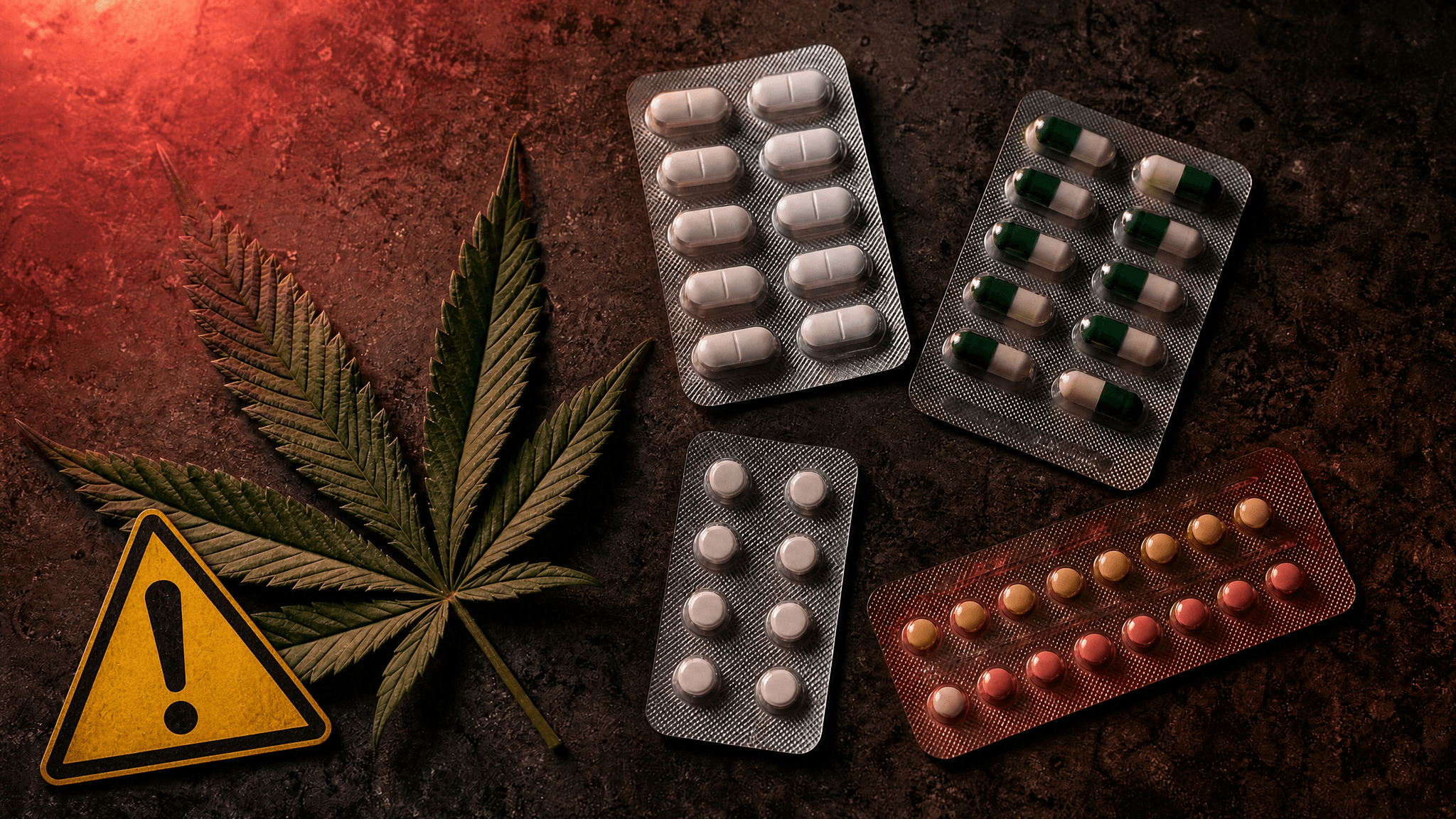 Cannabis-Blatt neben verschiedenen Medikamenten-Blisterpackungen auf dunklem Untergrund mit Warnsymbol – symbolisiert Wechselwirkungen zwischen Cannabis und Arzneimitteln.