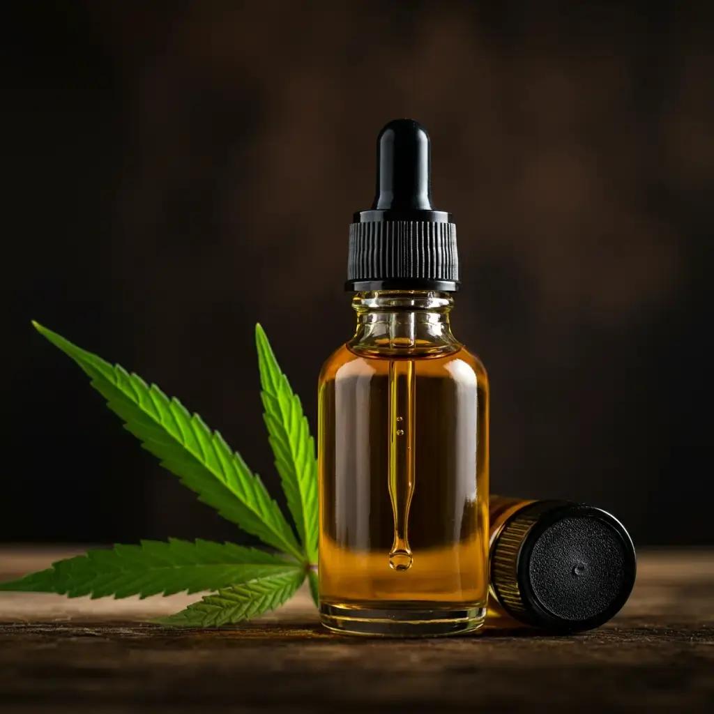 Glasflasche mit bernsteinfarbenem Öl, Pipette und Hanfblatt