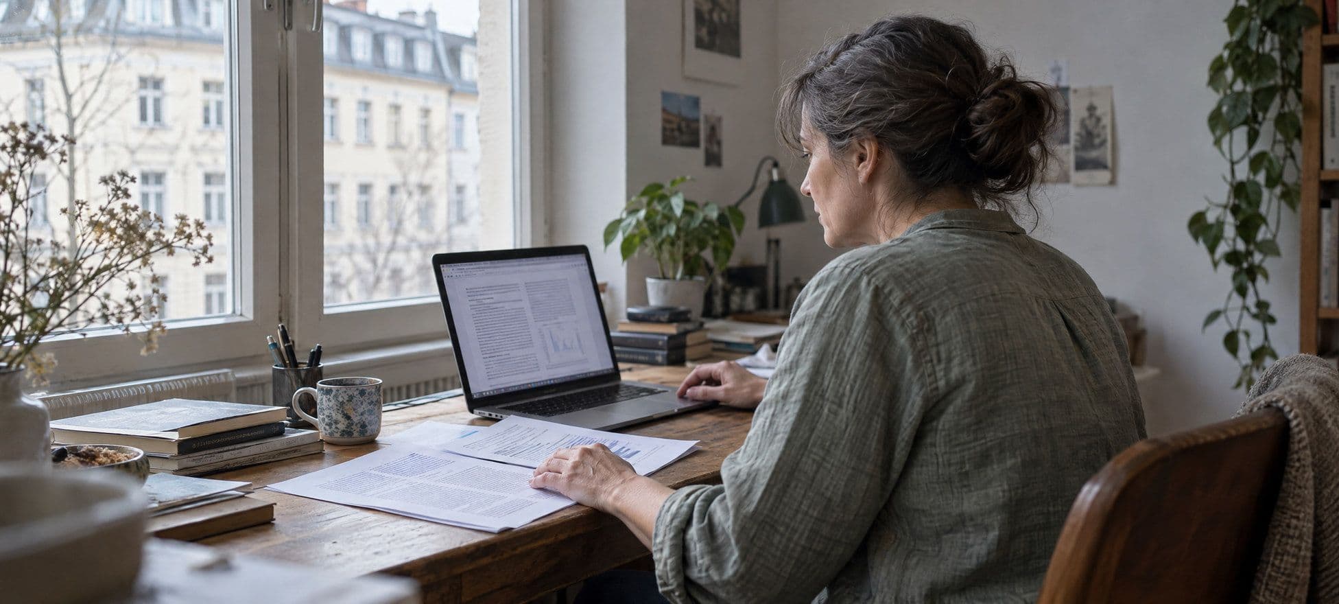 Eine Frau mittleren Alters sitzt an einem Schreibtisch am Fenster und wertet auf ihrem Laptop wissenschaftliche Unterlagen und Diagramme aus.