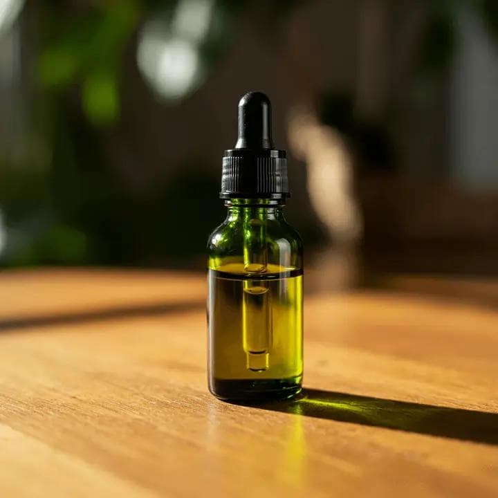 Grünes Glasfläschchen mit Pipette und gelblich-grünem Öl auf Holz