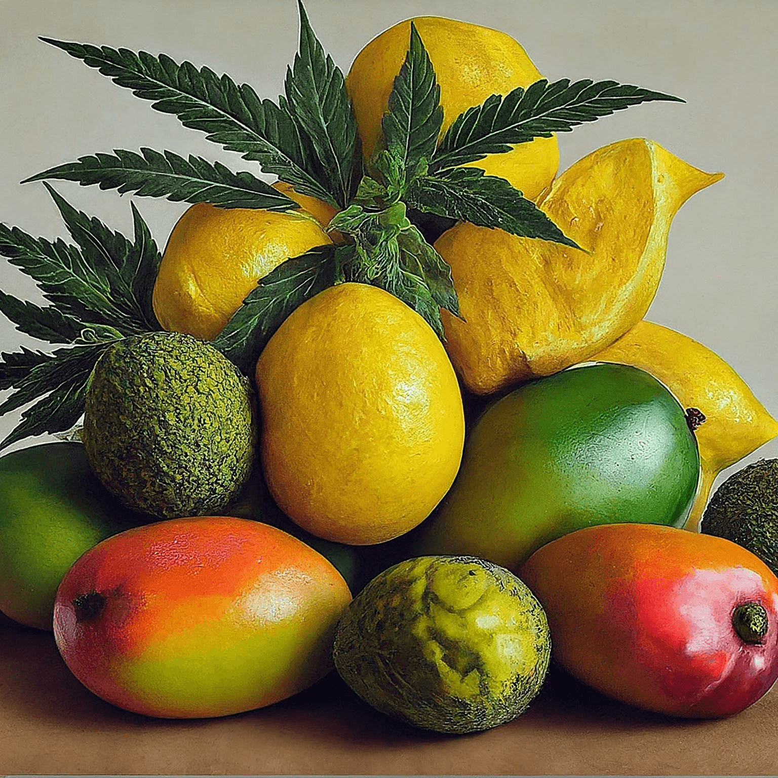 Gelbe und grüne Mangos mit dunklen Hanfblättern