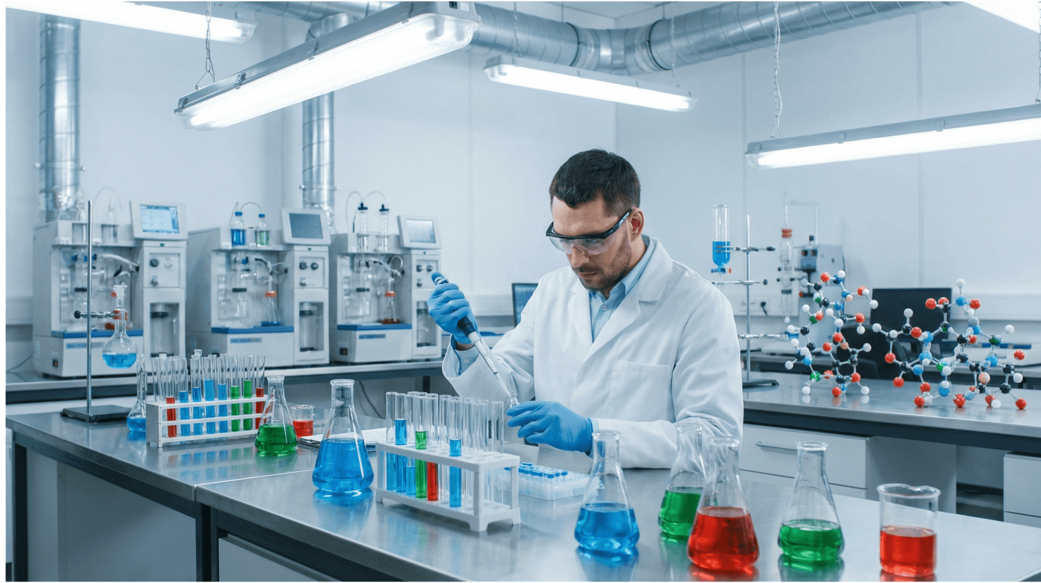 Wissenschaftler im Laborkittel pipettiert farbige Flüssigkeiten in Reagenzgläser – symbolisch für die chemische Herstellung synthetischer Cannabinoide im Labor.