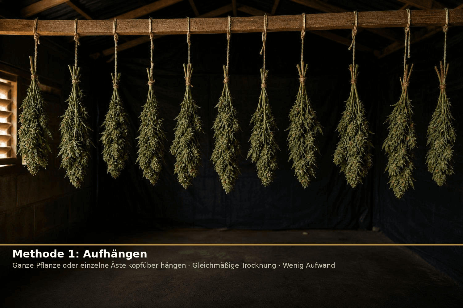 Cannabis-Äste hängen gleichmäßig beabstandet kopfüber an einer Holzstange in einem dunklen Trockenraum – klassische Aufhänge-Methode.