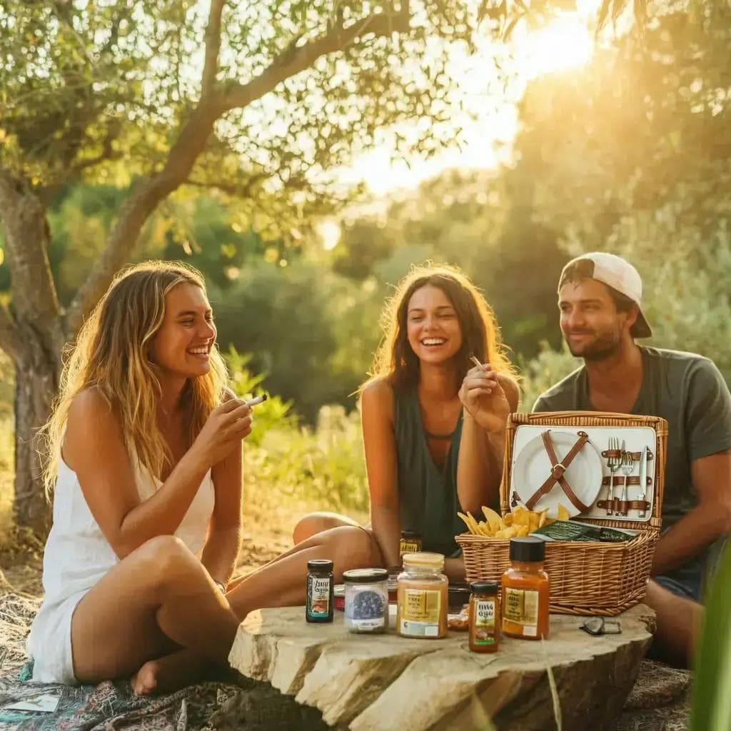 Drei Personen beim sonnigen Picknick mit Picknickkorb, Gläsern und gerollten Zigaretten
