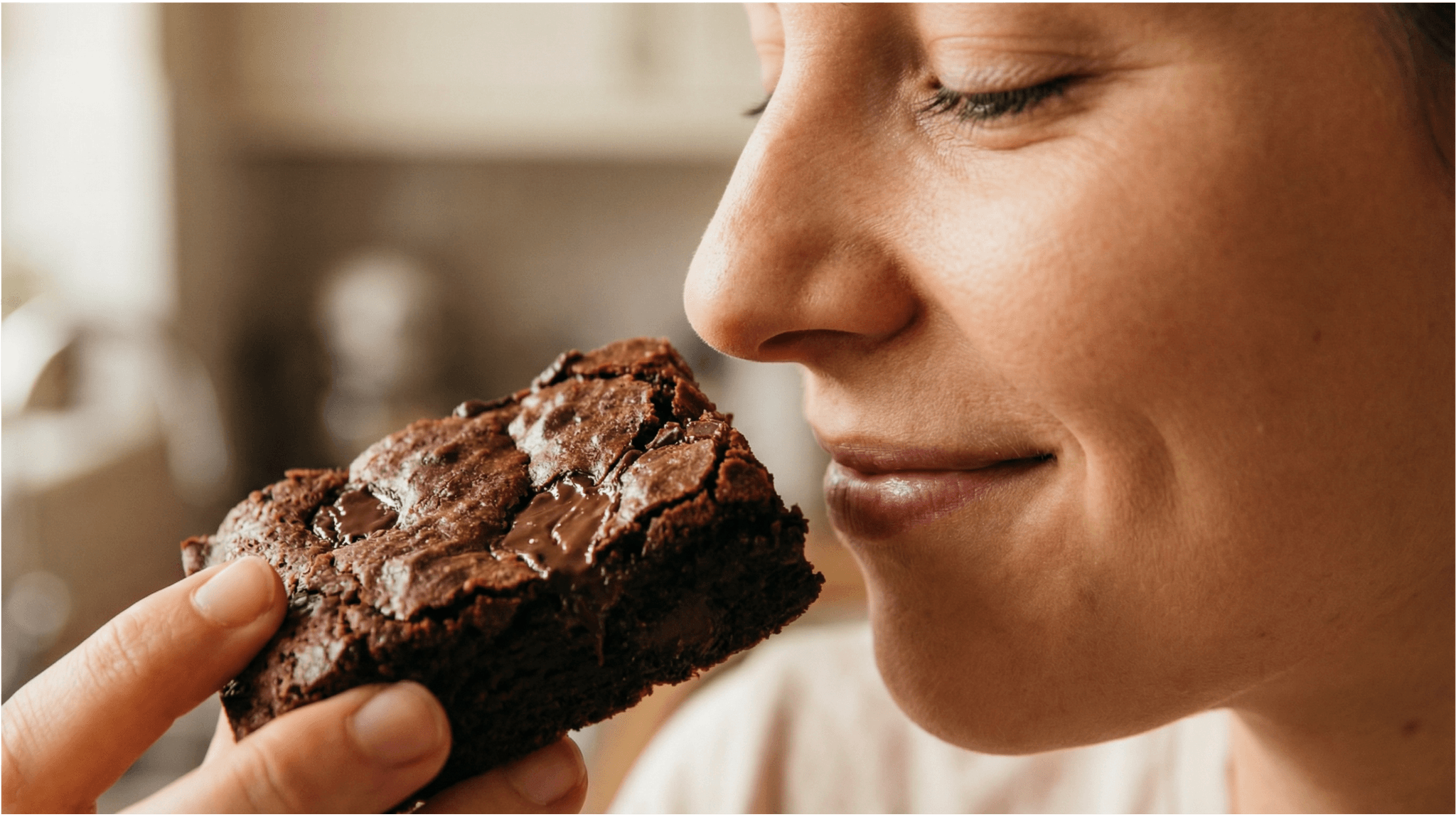 Frau riecht am Brownie. Riechen ist eine Methode um zu überprüfen, ob Cannabis Brownies noch haltbar sind.