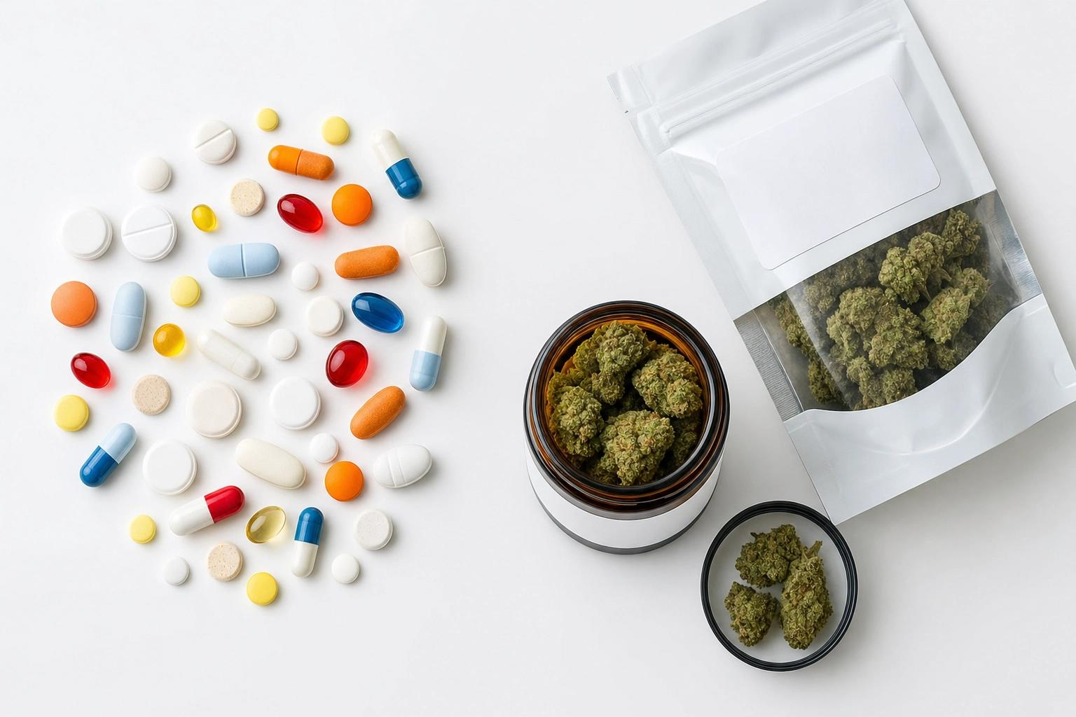Verschiedene Medikamente in Pillenform und medizinisches Cannabis als Blüte
