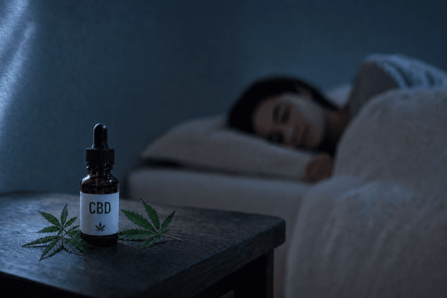 CBD-Öl-Flasche mit CBD-Etikett auf einem Holz-Nachttisch bei Nacht, im Hintergrund schläft eine Frau friedlich in weißen Leinenbetttüchern
